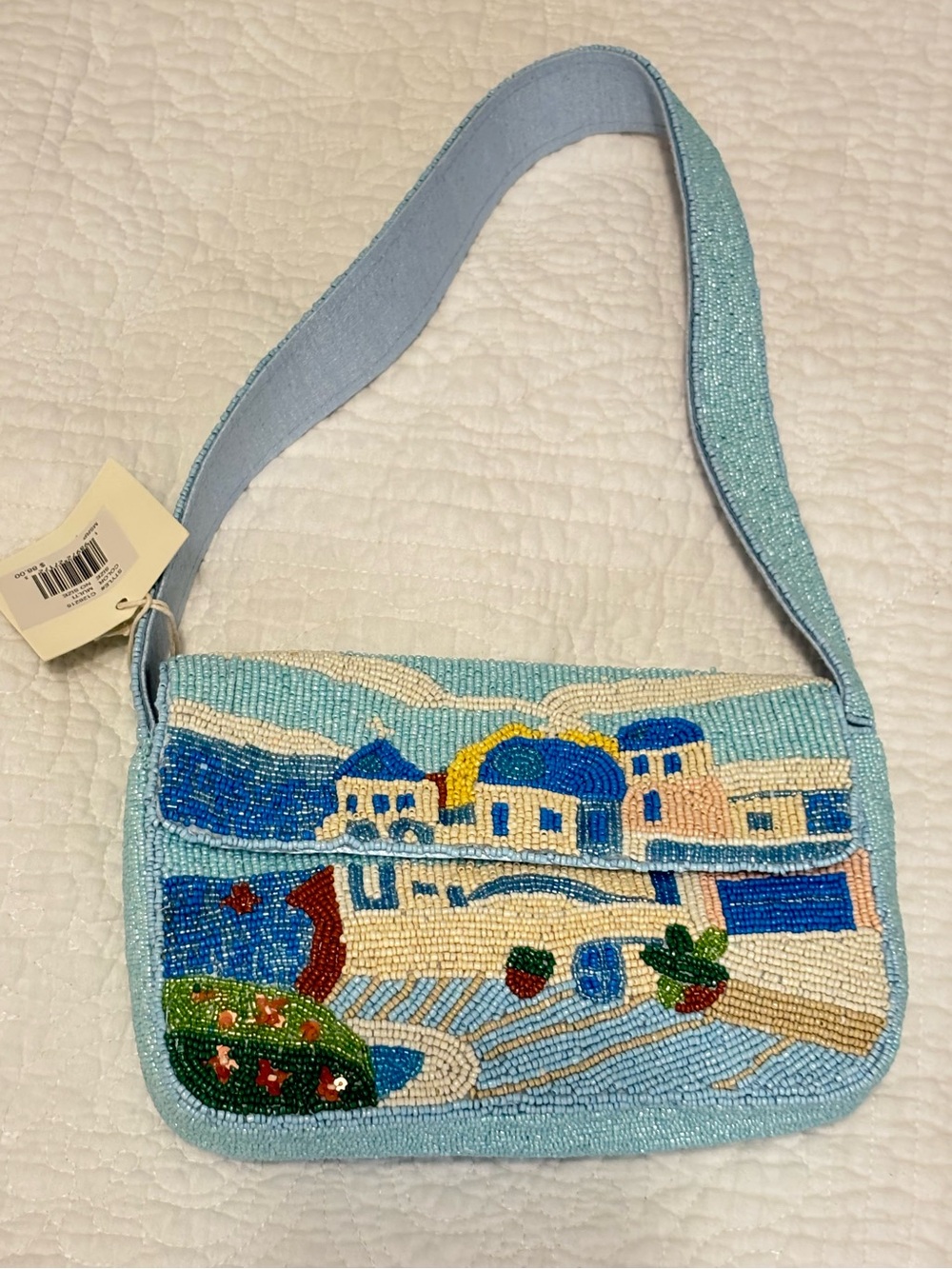 Sol and Mer Hand-Beaded Light Blue Greece Scene Shoulder Bag